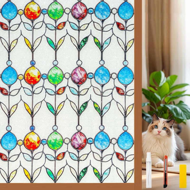 COUNTEWOL Frosted Privacy Window Film Stained Glass Style Adhesive-Free Residue-Free Reusable Easy to Install with Tools (Frosted StainFlair, 35.4 x 78.7 in) - Image 1
